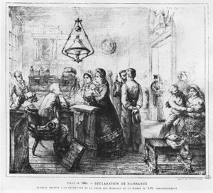 Geburtserklärung - Zeichnung von H.E. Blanchon in „La vie moderne“ von French School