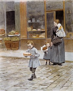Geburtstag: Ein kleiner Junge kommt aus einer Konditorei und hält seinen Kuchen in den Händen von French School