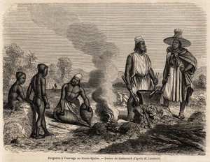 Schmied bei der Arbeit in Fouta Djalon (Senegal), Zeichnung von Hadamard, zur Illustration der Reise von Leutnant Lambert nach Fouta Djalon im Jahr 1860. Gravur in „Le tour du monde“ 1861. Selvas Sammlung.