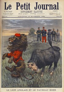 Burenkrieg - Der englische Löwe und der Burenbulle - Der Afrikanerbulle, mit dem Kopf von Paul Krüger, greift den britischen Löwen an. Englische Karikatur aus einer Novemberausgabe 1899 von 