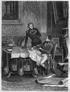 Bonaparte (1769-1821) zeigt General Jean Joseph Dessolles (1767-1828) einen Feldzugsplan für die Armee des Rheins, März 1800 - Gravur von 1865 in „Histoire du Consulat et de l