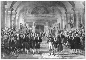 Bonaparte, Erster Konsul (1769-1821), besucht die Mitglieder der Académie des Sciences im Louvre, frühes 19. Jahrhundert