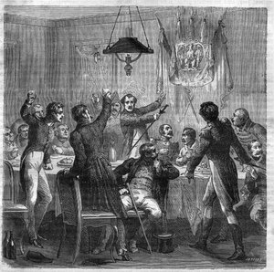 Bonapartistisches Bankett unter der Restauration zwischen dem Fall des Ersten Kaiserreichs am 6. April 1814 und der Revolution der Drei Glorreichen am 29. Juli 1830. Gravur in „Geschichte der Päpste-Könige-Königinnen und Kaiser durch die Jahrhunderte“ von 