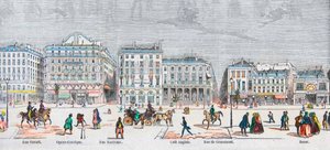 Boulevard des Italiens Südseite - Rue Favart - Opéra comique - Rue Marivaux - Café Anglais - Rue Grammont - Basar - Gravur in „Tableau-de-Paris“ von Edmond Texier 1852.