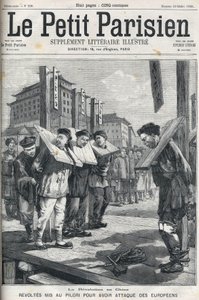 Boxeraufstand in China im Jahr 1898: Aufständische an den Pranger gestellt wegen Angriffs auf Europäer. Titelblatt von „Le petit parisien“ von 1898. von French School