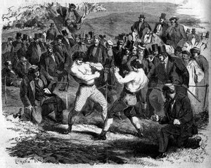 Boxkampf zwischen dem Engländer Thomas Sayers (1826-1865) und dem Amerikaner John Carmel Heenan (1833-1873) in Aldershot, England, 17. April von French School