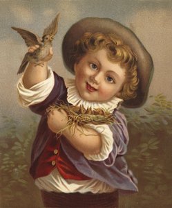 Junge hält einen Vogel und das Vogelnest von French School