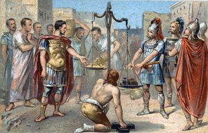 Brennus, Anführer des gallischen Stammes der Senonen, spricht das verhängnisvolle Vae victis (Wehe den Besiegten!) und wirft sein schweres Schwert auf die Waagschale, die das goldene Tributgewicht ausglich, das er von den Römern verlangte, um die Belagerun