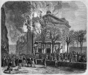 Brest, Brand des Theaters am 11. März 1866, erbaut 1766 von Choquart de Lindu, Gravur nach einer Zeichnung von Clerget und Moraine und nach einem Foto der Gebrüder Mage, in „Das illustrierte Universum“, 24.03.1866.