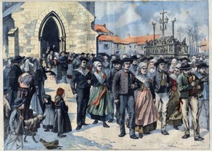 Bretonischer Brauch: Traditionelle Hochzeit in Plougastel (Finistère, Bretagne). Hochzeitsgesellschaft verlässt die Kirche. Gravur in Le Petit Parisien