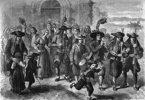 Bretonischer Brauch: ein junges Ehepaar beim Verlassen der Kirche. An der Spitze des Zuges sind Dudelsack- und Trommelspieler. Treguennec, Finistère (29) von French School