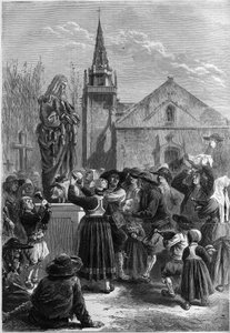 Bretonischer Brauch: "festar goadgennon" oder "das Fest der Blutwürste". Die Bewohner eines Dorfes bedecken eine Statue des Heiligen Antonius des Großen (oder Heiligen Antonius des Einsiedlers oder Heiligen Antonius des Abtes) mit Socken. Einige Bauern bri von French School