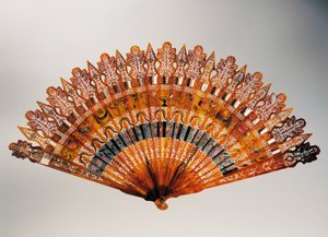 Brisé-Handfächer mit Horn, rotem Elfenbein, Perlmutt und Schildpatt-Rippen, Charles X Periode (1824-1830), Frankreich von French School