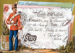 Britischer Armeesoldat, der eine Bank of England Fünf-Pfund-Note bewacht, 1886-95 von French School