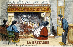 Bretagne: die Galette wird zum Kamin zurückgebracht (Crêpes) - Postkarte, Anfang des 20. Jahrhunderts von French School