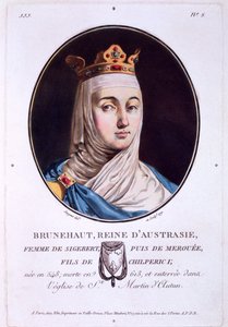 Brunhilda, Königin von Austrasien, aus Portraits des grands hommes, femmes illustres, et sujets memorables de France, veröffentlicht 1787-92 von French School