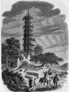 Buddhistische Architektur: Außenansicht der achteckigen Pagode auf der Insel Whampoa, China von French School