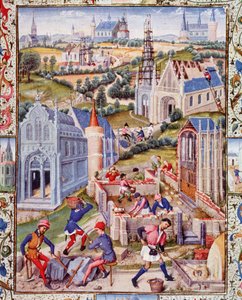 Baustellen in Saint Denis (Stadt) für den Bau von 12 Kirchen zu Ehren der 12 Apostel. Miniatur aus dem „Leben des sehr edlen Grafen Gerard de Roussillon“ von French School