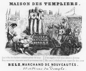 Verbrennung der Tempelritter, Briefkopf eines Tuchgeschäfts, Maison des Templiers, Belz, rue du Temple, Paris, ca. 1840