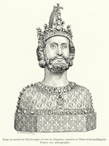 Vergoldete Büste von Karl dem Großen als Reliquiar, aufbewahrt im Schatz von Aachen (Gravur) von French School