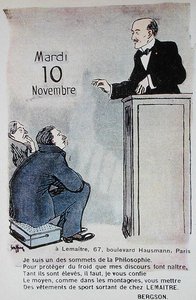 Kalender für 1914, Werbung für Sportkleidung mit einer Karikatur des französischen Philosophen Henri Bergson (1859-1941) von French School