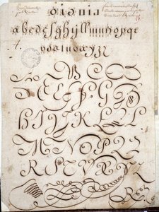Kalligraphie: Manuskriptstück in Rundschrift auf Velin, verziert mit Arabesken um 1813 von Sebastien Royllet. Historische Bibliothek der Stadt Paris von French School