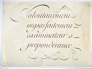 Kalligraphie: Manuskriptstück um 1670 von Andre Francois Roland. „absichtlich, unvollkommen, Prüfer, Vorherrschaft“