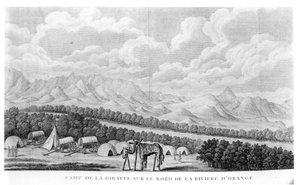 Camp Giraffe am Ufer des Oranje-Flusses, aus Band 2 von Second Voyage dans linterieur de lAfrique von Francois Le Vaillant (1753-1824), veröffentlicht 1796 von French School