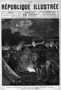 Lager der Truppen von Fort de Vincennes während der Reinigung der Quartiergebäude. Eine Zeitung. Gravur von 1880 in „La république illustrée“. Privatsammlung.