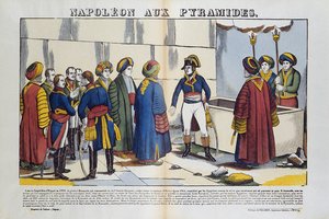 Kampagne (Expedition) von Ägypten (1798-1801): Bonaparte Napoleon an den Pyramiden von Ägypten 1799. Bild von Epinal. von French School