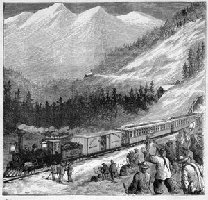 Canadian Pacific Railway im Jahr 1888 - Passage eines Zuges in der Sierra Nevada - Gravur in „Journal des Voyages“ 1888 von French School