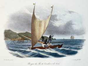 Kanu mit Segel von den Vanikoro-Inseln, Salomonen (Archipel), Farbgravur aus der Entdeckungsreise der Astrolabe, durchgeführt im Auftrag des Königs, in den Jahren 1826-1829, von Jules-Sebastien-Cesar Dumont d