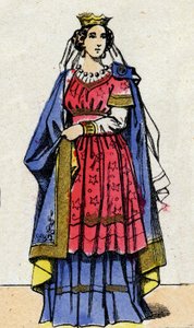 Kapetinger-Dynastie: Porträt von Adelheid von Aquitanien (oder Adele) auch genannt Adelheid von Poitiers, 945 oder 952 - 1004, Königin von Frankreich, Ehefrau von Hugo Capet (940-996). Epinal-Bildgebung aus dem späten 19. Jahrhundert. Private Sammlung.