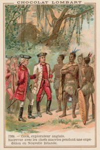 Kapitän James Cook trifft Maori-Häuptlinge in Neuseeland, 1769 von French School