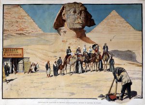 Karawane von Touristen vor der Sphinx von Gizeh fotografiert