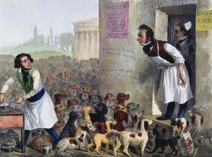 Karikatur von Parisern, die mit tollwütigen Hunden umgehen, ca. 1840