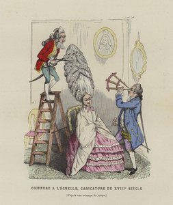 Karikatur über französische Frauenfrisuren des 18. Jahrhunderts von French School