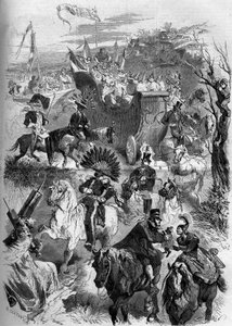 Karneval des Mardi Gras, Frankreich, 8. März 1859: Abstieg nach Paris der Maskerade von Sèvres. Gravur in „Le Monde Illustré“ Nr. 100 vom 19. März 1859. von French School