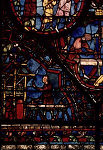 Zimmerleute bei der Arbeit, Detail aus dem Leben des Hl. Julian der Gastfreundliche Fenster im nördlichen Umgang von French School