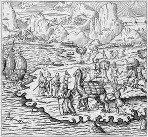 Warenbeförderung per Kamel zum Beladen von Schiffen, die den griechischen Handelsposten in Alexandria nach Europa verlassen. Gravur in „La Marine et les colonies: commerce“
