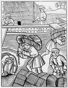 Heutransporter im Mittelalter. Gravur in „La Marine et les colonies: commerce“ von French School