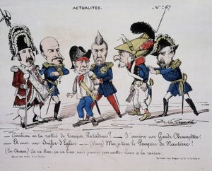 Karikatur über die Kommune „Nachrichten - Wie viele Truppen hast du versammelt, Paladine? - Ich bringe eine Landwache. Und ich bin eine Schweizer Kirche. - (Vinoy) Ich halte den Feuerwehrmann von Nanterre - (Im Herzen) Es ist gut, es ist gut, wir werden Pa