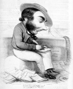 Karikatur von Eugène Sue beim Schreiben, umgeben von seinen Veröffentlichungen in der Presse - in „Le Charivari“, um 1840