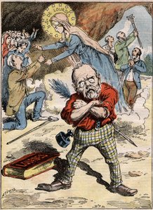 Karikatur des Schriftstellers Emile Zola (1840-1902), der über die Hingabe der Gläubigen in Lourdes trotz seiner Kritik am Thema in seinem Roman „Lourdes“ perplex ist. Gravur in „Le Pelerin“ vom 30. August