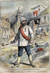 Karikatur über Kommandant Jean-Baptiste (Jean Baptiste) Marchand (1863-1934) in Toulon, Rückkehr von einer Erkundungsmission (1896-1899) in Afrika. Gravur in „Le Pelerin“ 4/06/1899.