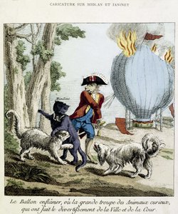 Karikatur über das Feuer des Ballons von Miolan und Janinet, 11. Juli