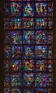 Kathedrale von Chartres, Buntglas: Leben des heiligen Fulbert, Bischof von Chartres im 11. Jahrhundert, Detail von French School