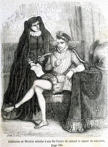 Catherine de Medici (Caterina de Medici) entreißt ihrem Sohn (Karl IX.) den Befehl, das Signal zum Massaker der Bartholomäusnacht 1572 zu geben - in „Histoire de France“ von L.-P. Anquetil