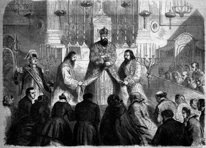 Katholischer Ritus - Messe - 26. Januar 1860: Messe gefeiert nach dem armenischen Ritus vom Superior der Mechitaristen in der Kirche Notre Dame des Victoires, Paris. Gravur in „Le Monde Illustré“ Nr. 147 vom 4. Februar 1860