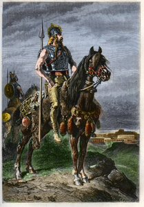 Gallischer Reiter - Gallier zu Pferd im antiken Römischen Reich - Gravur aus „Die Geschichte Frankreichs erzählt meinen Enkeln“ - von François Guizot - 1872-1876